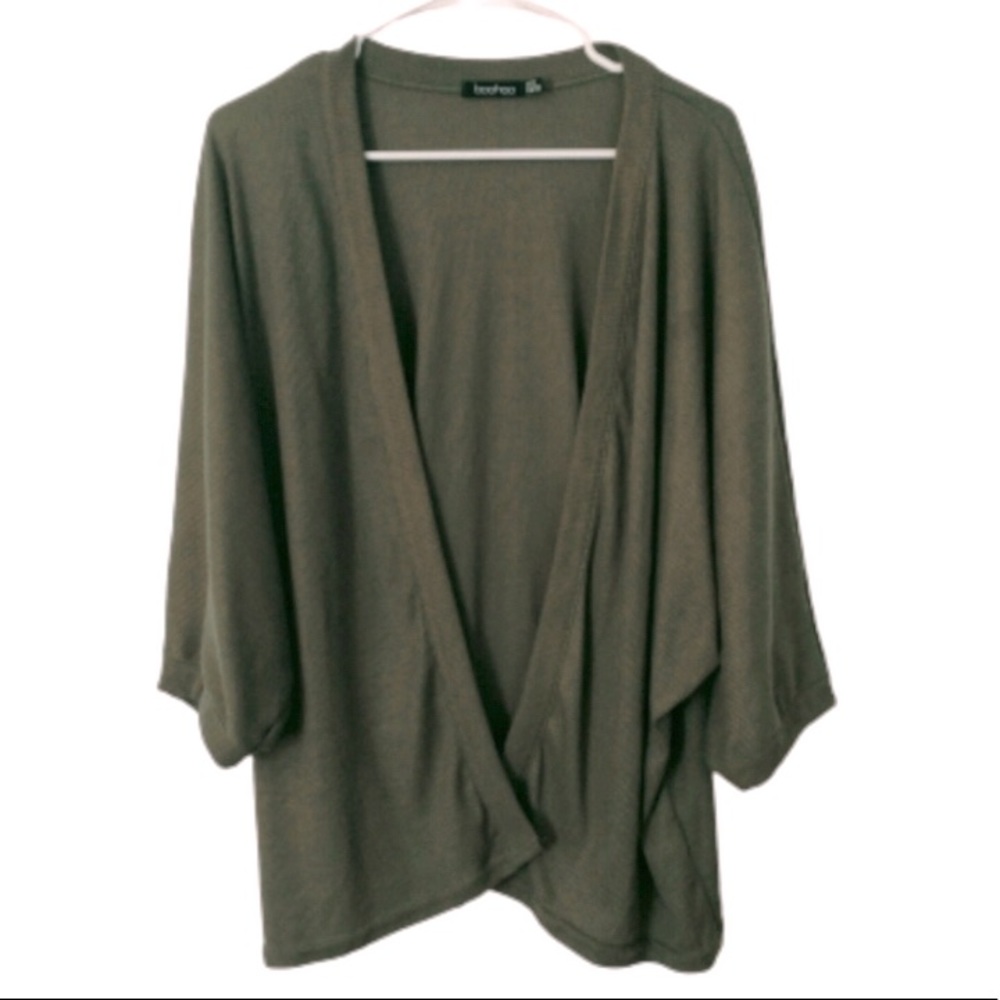 Boohoo Green Light Rib knit Cardigan, 3/4 Dolman/ Batwing Sleeves. US Size 18